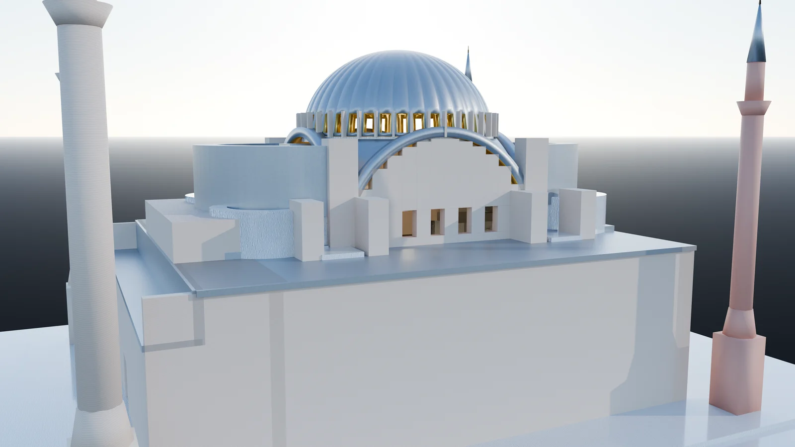 Ayasofya v3 dış külliye silueti ve 4 minare 4K Cycles render karesi